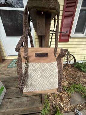 Women’s Tan & Cream Canvas Tote Bag with Brown Trim